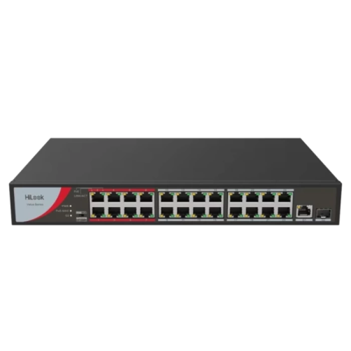 HILOOK NS-0326P-230(B), 24Port, Megabit, PoE 230W, 1 Port GigaBit Lan, 1 Port GigaBit SFP, Long Range 250Metre, Yönetilemez, Masaüstü Switch