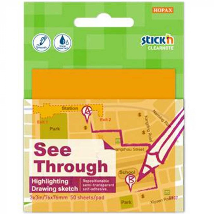 Hopax Stickn Yapışkanlı Not Kağıdı 76x76 Yarı Saydam Neon Turuncu 50 Yp 2171
