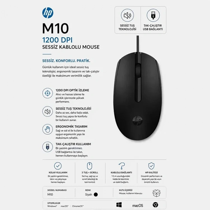 HP M10 1200 DPI Siyah Sessiz Kablolu USB Optik Mouse
