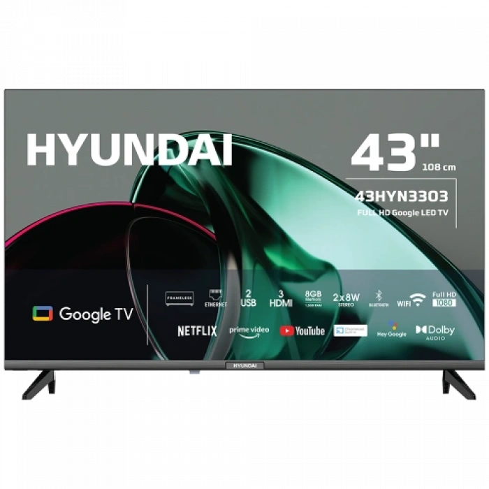 Hyundaı 43hyn3303, 43" 109cm, Full Hd, Dahili Wi-fi, Dahili Uydu Alıcılı, Android, Google Tv,  Led Televizyon