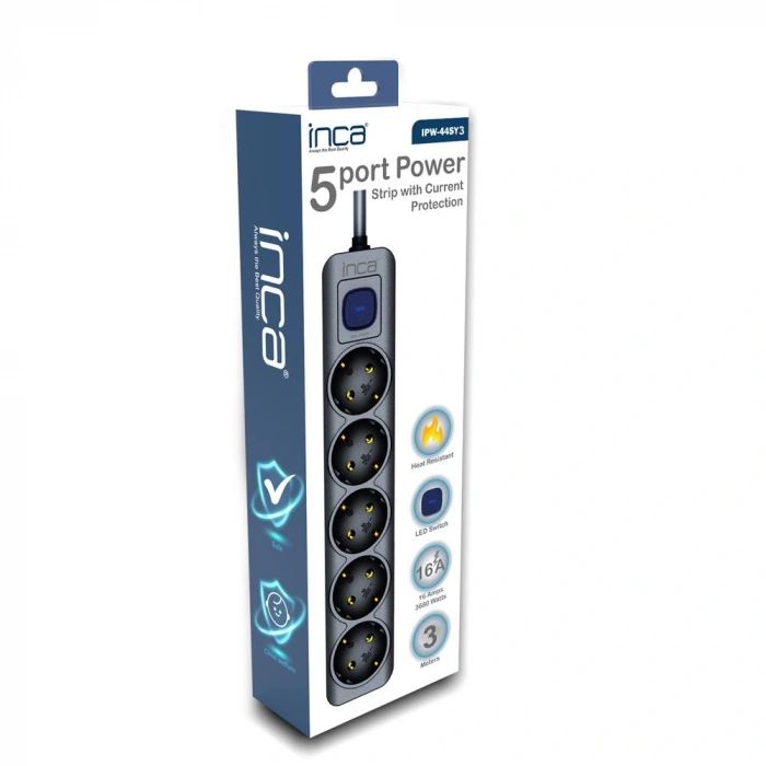 INCA IPW-44SY3 4lü 3mt Siyah Yeşil Akım Korumalı Priz