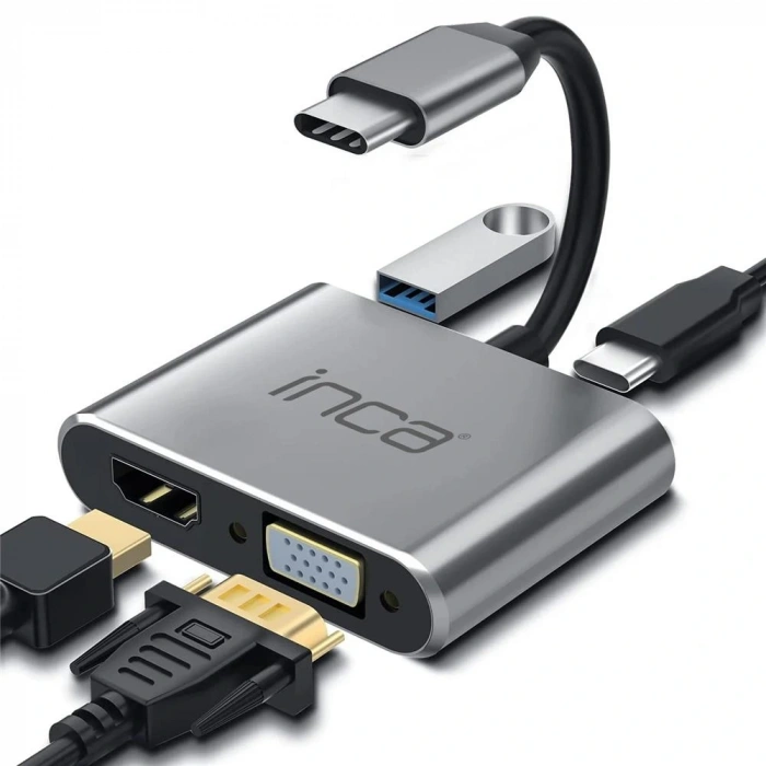 Inca Itpc-06tx Usb C 4in1 – Hdmı+vga+usb+güç Dağıtım Adap 4k@30hz Hdmı Çoklayıcı 100w Pd Güçı