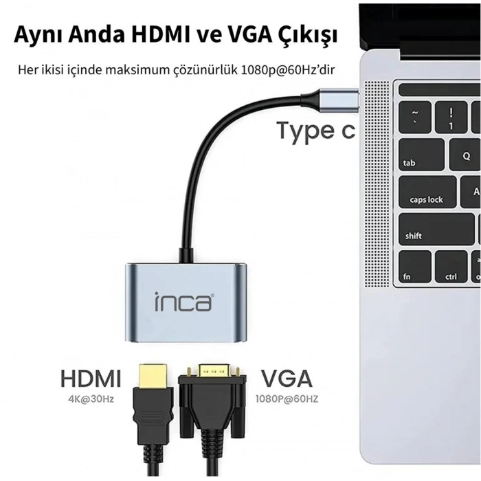 Inca Itpc-06tx Usb C 4in1 – Hdmı+vga+usb+güç Dağıtım Adap 4k@30hz Hdmı Çoklayıcı 100w Pd Güçı