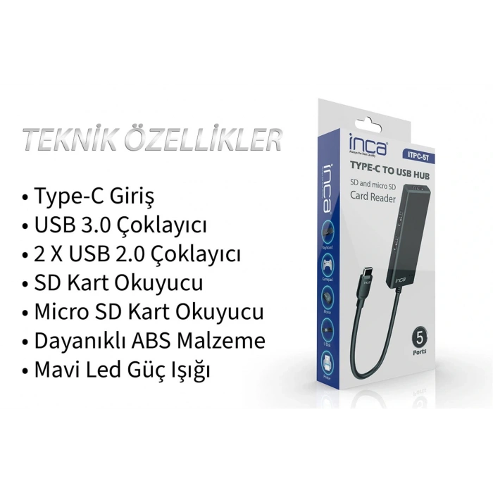 Inca Itpc-5t  Type-c Giriş 2xusb Sd-micro Sd2.0 Çoklayıcı Usb 3.0 Çoklayıcı Çevirici Mavi Led