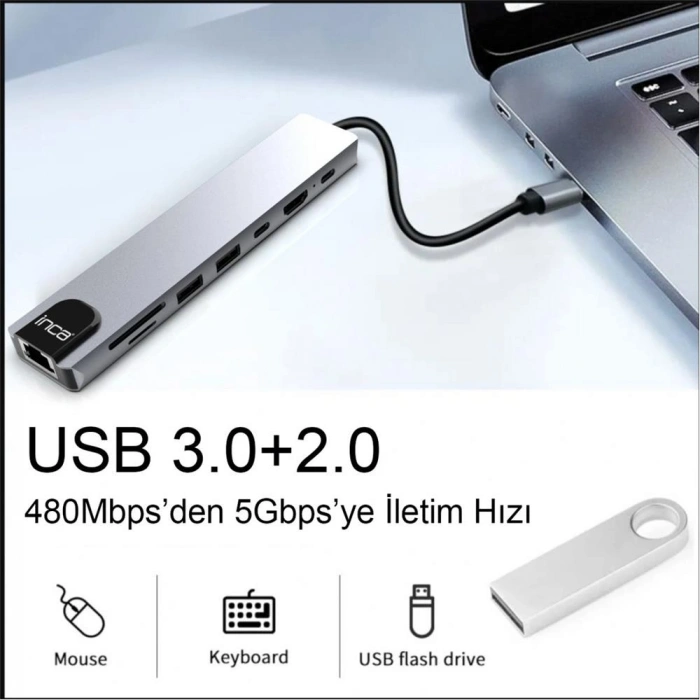 Inca Itpc-7t Type-c Giriş 2xtype-c Çoklayıcı Rj-45 Hdmı 4k@30 Usb 3.0 Çoklayıcı Micro Sd Kart