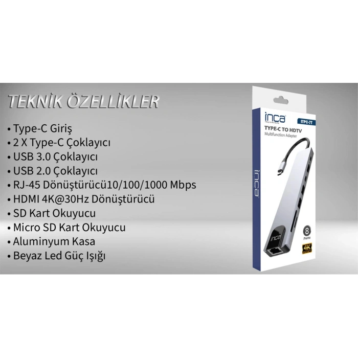 Inca Itpc-7t Type-c Giriş 2xtype-c Çoklayıcı Rj-45 Hdmı 4k@30 Usb 3.0 Çoklayıcı Micro Sd Kart