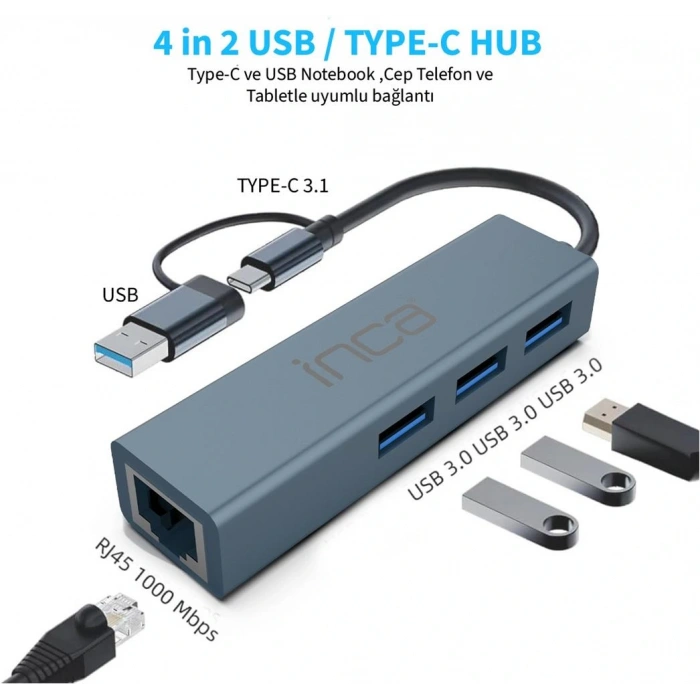 Inca Iutp-03tx Ethernet Usb 3.0+type-c 3.1 Grişli 000 Mbps 3x3.1usb Eternet-çoklayıcı