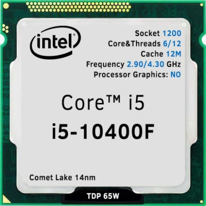 INTEL i5-10400F 6 Core, 2.9Ghz, 12Mb, 65W, LGA1200, 10.Nesil, TRAY, (Dahili Grafik YOK, Fan YOK)