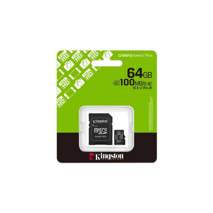 Kingston Sdcs3-64gb 64gb Microsdxc Canvas Select Plus Gen3 100mb-s A1 Card + Adapter Hafıza Kartı