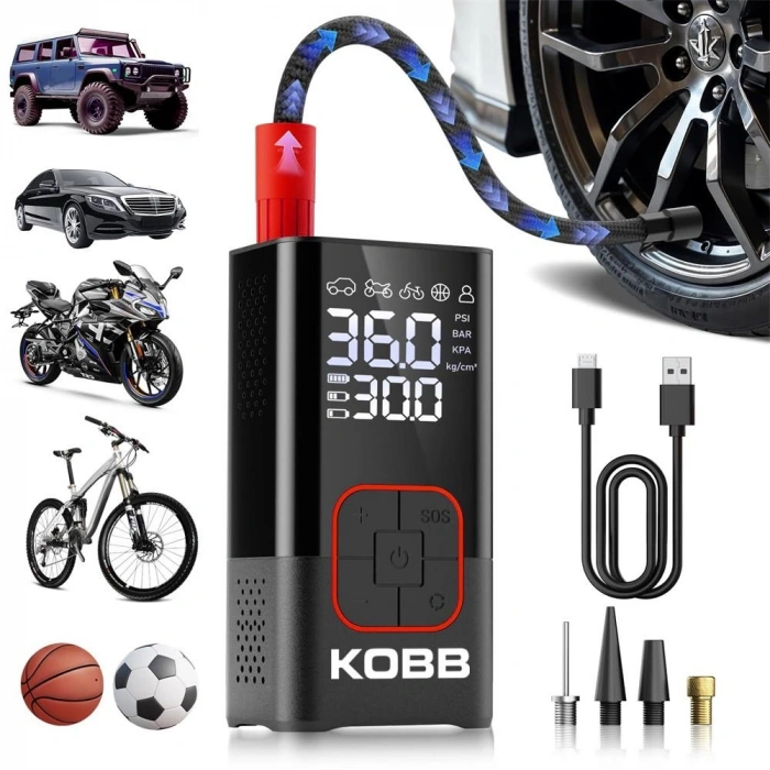 Kobb Kb412 Li-ion Şarjlı 150 Psı Dijital Göstergeli Akıllı Lastik Şişirme Pompası+ Powerbank + Sos + Led Lamba
