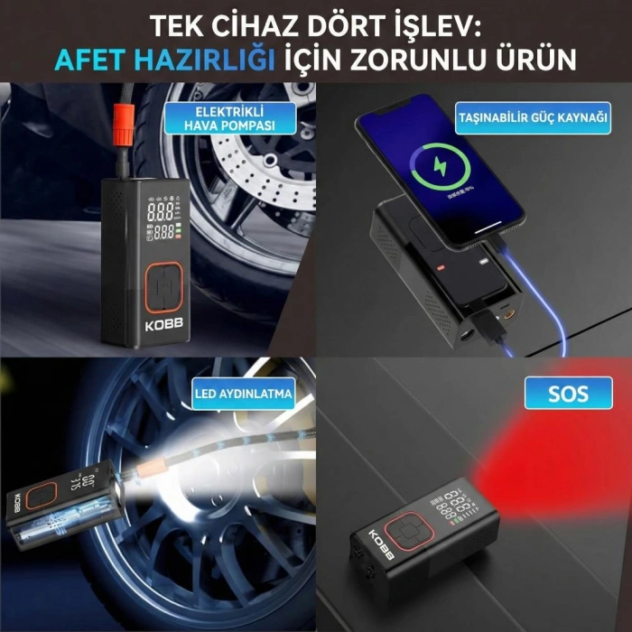 Kobb Kb412 Li-ion Şarjlı 150 Psı Dijital Göstergeli Akıllı Lastik Şişirme Pompası+ Powerbank + Sos + Led Lamba