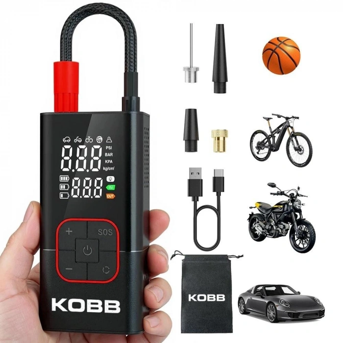 Kobb Kb412 Li-ion Şarjlı 150 Psı Dijital Göstergeli Akıllı Lastik Şişirme Pompası+ Powerbank + Sos + Led Lamba