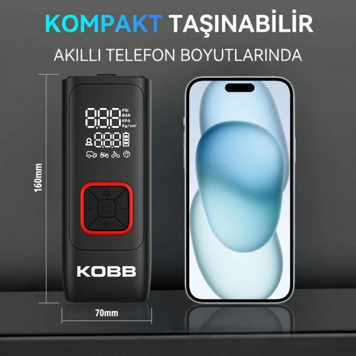 Kobb Kb426 12v / Şarjlı Li-ion 150 Psı Dijital Göstergeli Akıllı Lastik Şişirme Pompası+ Powerbank + Sos + Led Lamba