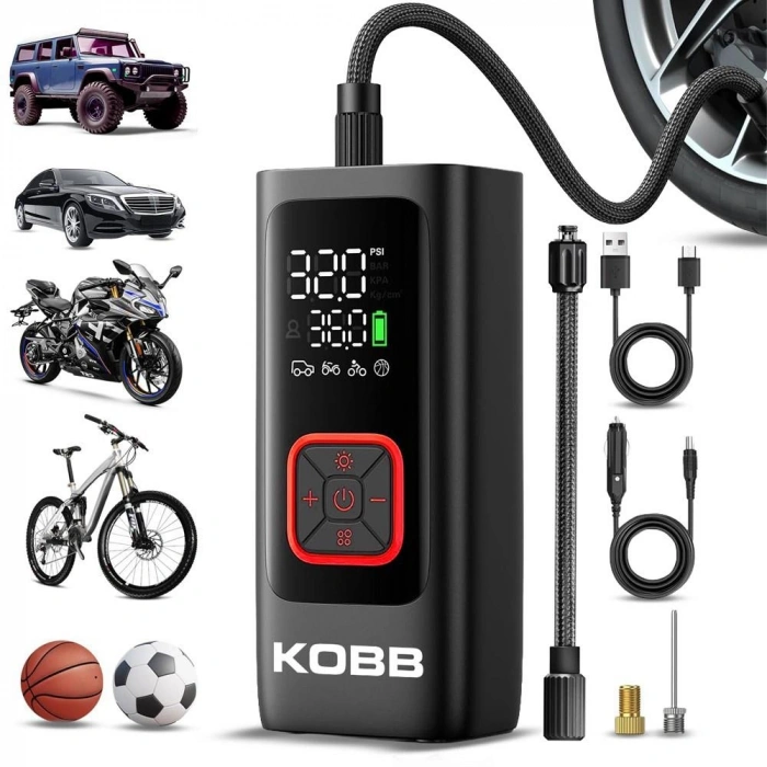 Kobb Kb426 12v / Şarjlı Li-ion 150 Psı Dijital Göstergeli Akıllı Lastik Şişirme Pompası+ Powerbank + Sos + Led Lamba