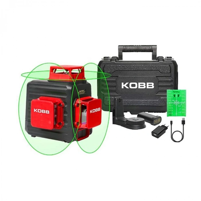 KOBB KBL34G 40 Metre Profesyonel Li-ion Şarjlı 3X360⁰ Otomatik Hizalamalı Yeşil Çapraz Çizgi Lazer Distomat