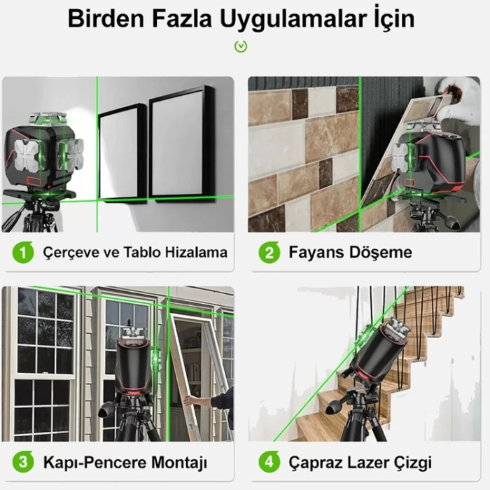 KOBB KBL36G Profesyonel Li-ion Şarjlı 4X360⁰ LCD Ekran Otomatik Hizalamalı Yeşil Çapraz Çizgi Lazer Distomat