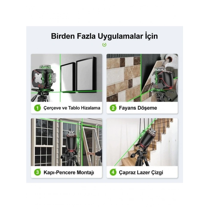 KOBB KBL36GTP Profesyonel Li-ion Şarjlı 4X360⁰ LCD Ekran Otomatik Hizalamalı Yeşil Çapraz Çizgi Lazer Distomat+Tripod