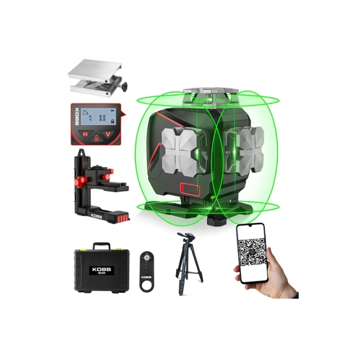 KOBB KBL36GTP Profesyonel Li-ion Şarjlı 4X360⁰ LCD Ekran Otomatik Hizalamalı Yeşil Çapraz Çizgi Lazer Distomat+Tripod