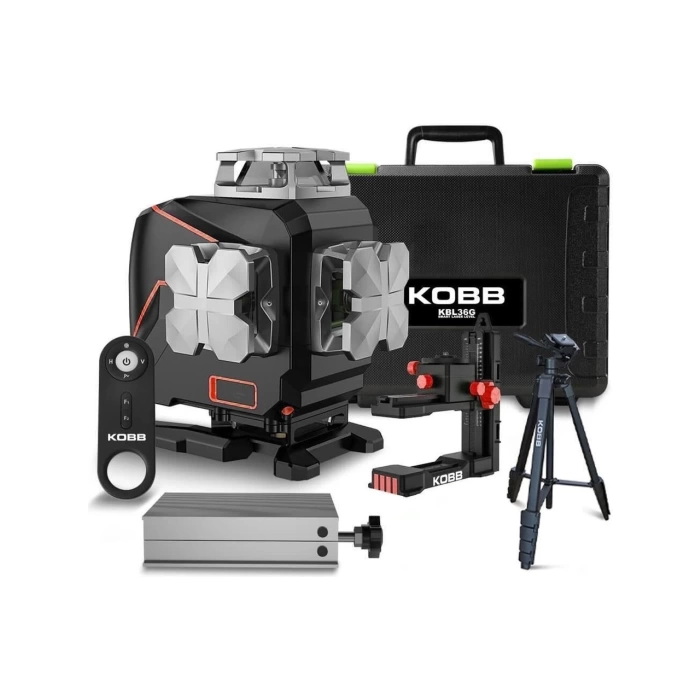 KOBB KBL36GTP Profesyonel Li-ion Şarjlı 4X360⁰ LCD Ekran Otomatik Hizalamalı Yeşil Çapraz Çizgi Lazer Distomat+Tripod