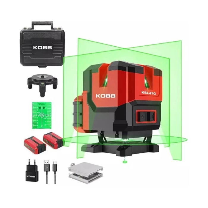 KOBB KBL41G 30Metre 4x90⁰/1x360⁰ Otomatik Hizalamalı Li-ion Çift Akülü Profesyonel Yeşil Çapraz Çizgi Lazer Distomat