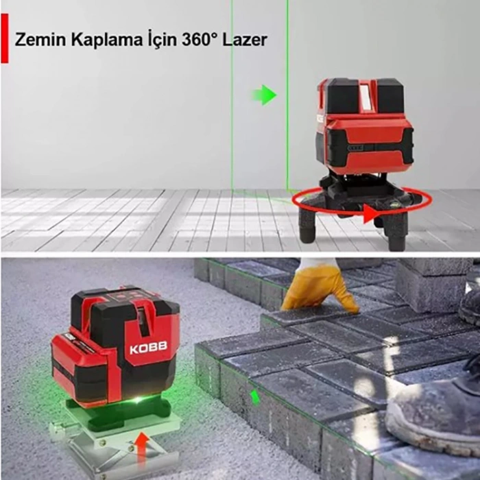 KOBB KBL41G 30Metre 4x90⁰/1x360⁰ Otomatik Hizalamalı Li-ion Çift Akülü Profesyonel Yeşil Çapraz Çizgi Lazer Distomat