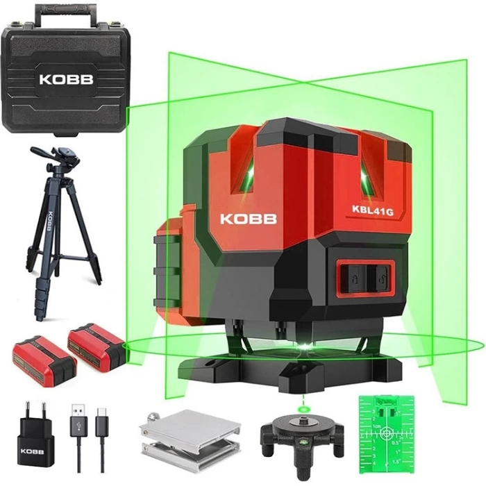 KOBB KBL41GTP 30M 4x90⁰/1x360⁰ Otomatik Hizalamalı Li-ion Çift Akü Profesyonel Yeşil Çizgi Lazer Distomat + Tripod