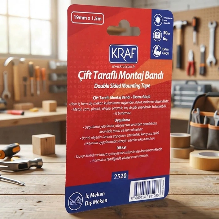 Kraf 2520G 19 mm x 1.5 mt Çift Taraflı Montaj Bandı
