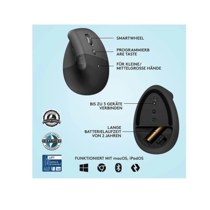 LOGITECH 910-006473, LIFT Siyah,  Bluetooth, 1000dpi, Optik, 6 Tuşlu, Kablosuz, Mouse