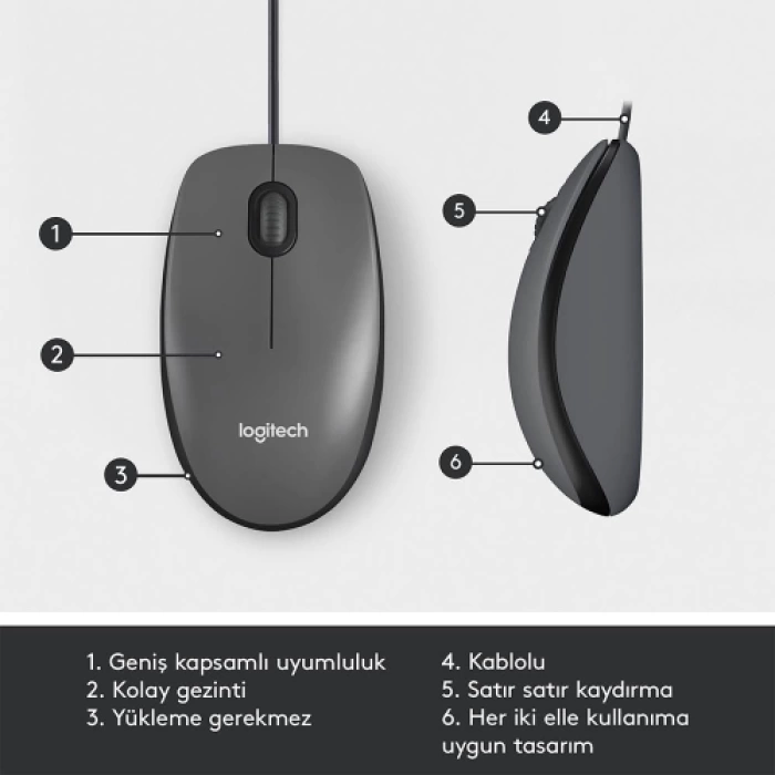 LOGITECH 910-006652, M100 Siyah, USB Kablolu, 1000dpi, Optik, 3 Tuşlu, Mouse