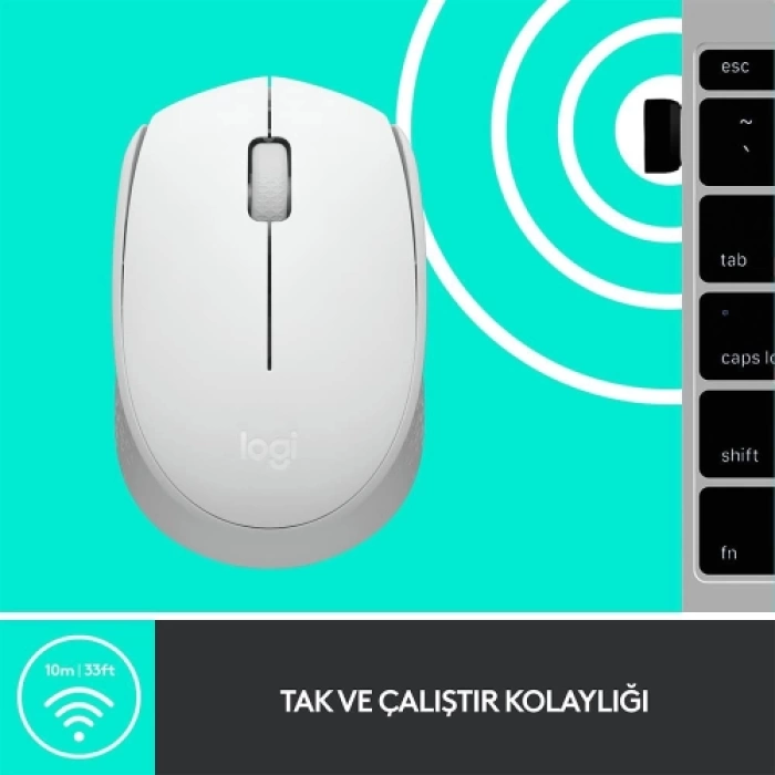 LOGITECH 910-006867, M171 White, USB Nano 2,4G Kablosuz, 1000dpi, Optik, 3 Tuşlu, 12ay Pil Ömrü, Mouse