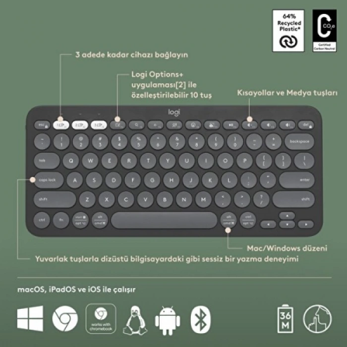 LOGITECH K380S, Pebble Keys 2,  Siyah, 920-011859, Bluetooth, Türkçe, Q, Multimedya, Mini Klavye