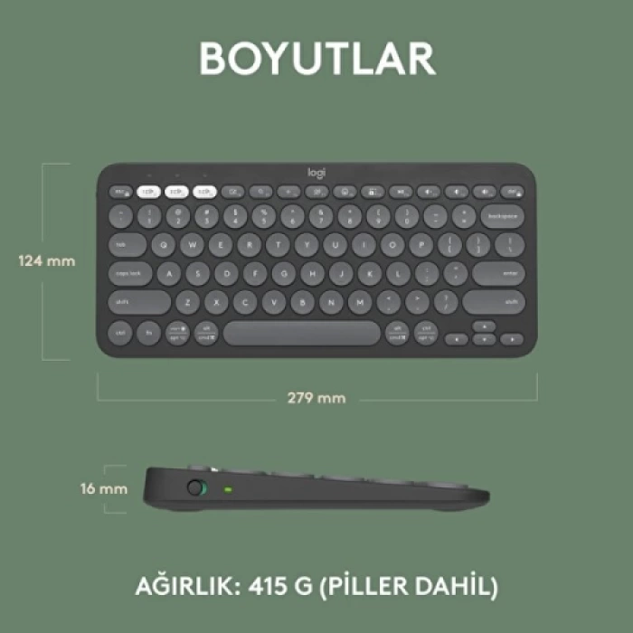 LOGITECH K380S, Pebble Keys 2,  Siyah, 920-011859, Bluetooth, Türkçe, Q, Multimedya, Mini Klavye