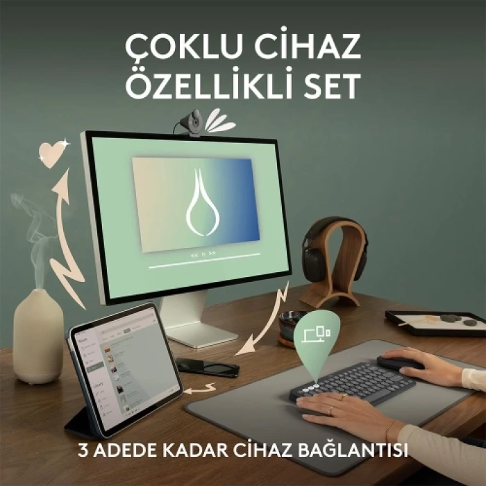 LOGITECH Pebble 2 Combo, Grafit, 920-012245, Bluetooth, Türkçe, Q, Multimedya, Mini Klavye Mouse Set
