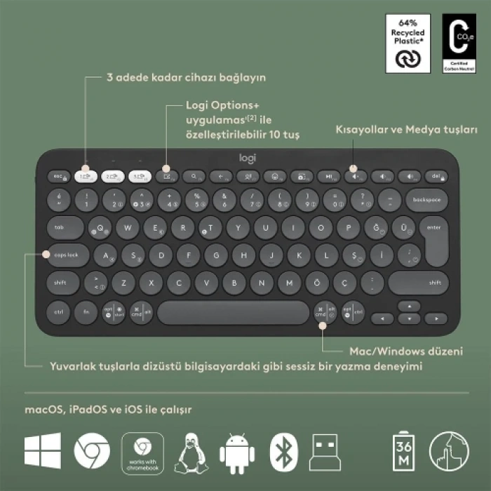 LOGITECH Pebble 2 Combo, Grafit, 920-012245, Bluetooth, Türkçe, Q, Multimedya, Mini Klavye Mouse Set