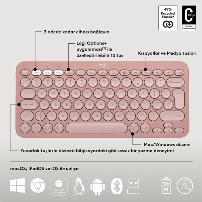 LOGITECH Pebble 2 Combo, Rose, 920-012247, Bluetooth, Türkçe, Q, Multimedya, Mini Klavye Mouse Set