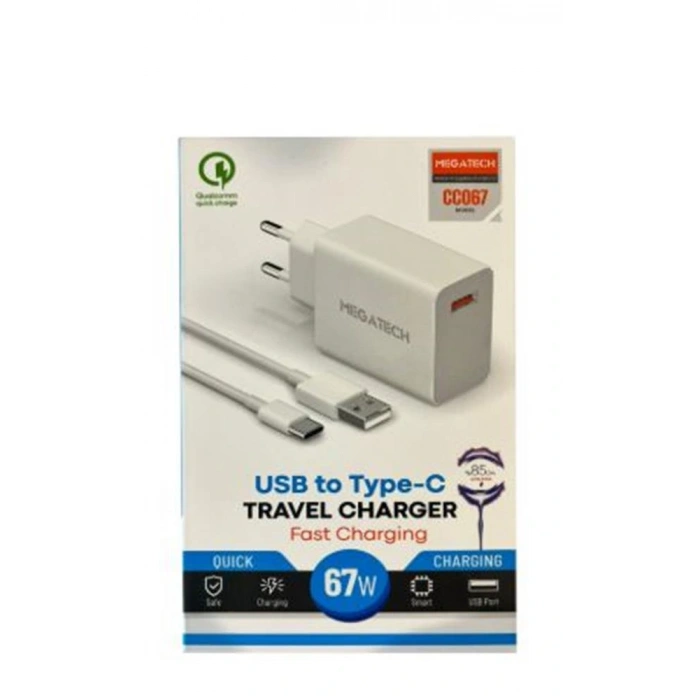 Megatech 67w Turbo Şarj Gösterme EvŞarj Kafa + Type-C Şarj Kablosu