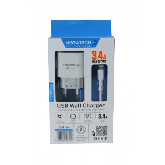 Megatech Cc-03 (mt-cl34) 3.4a Lightning Usb Kablo + Ev Şarj Adaptörü Hızlı Şarj