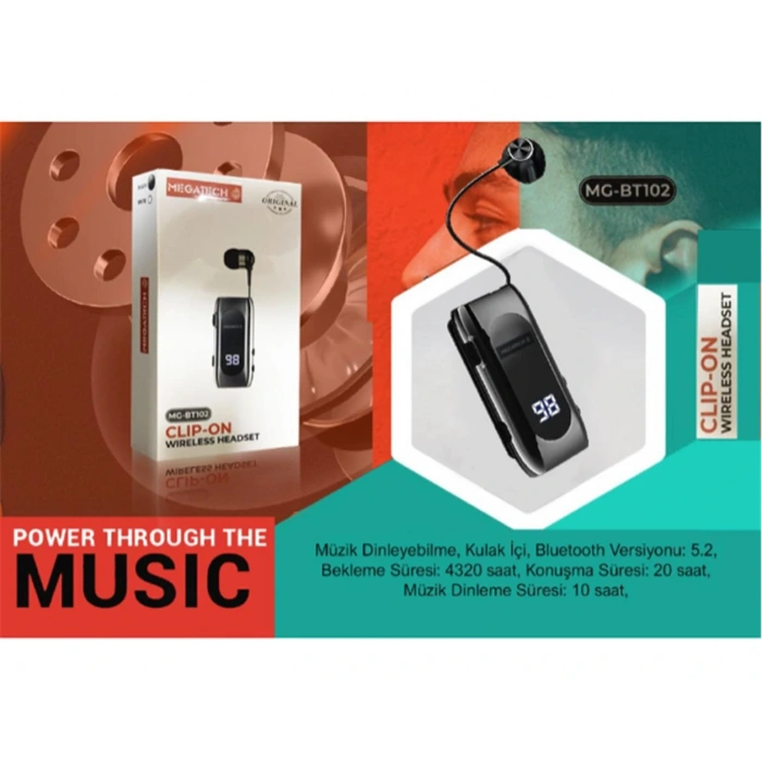 Megatech Mg-bt102 Clıp-on Makaralı Digital Göstergeli Bluetooth Kablosuz Kulaklık