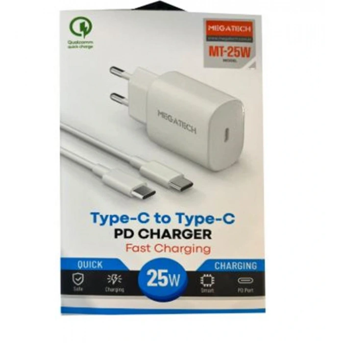 Megatech Mt-25w QC:3.0 PD:3.0 Ev Şarj Kafa+ Type-C To Type-C Şarj Kafası Hızlı Şarj