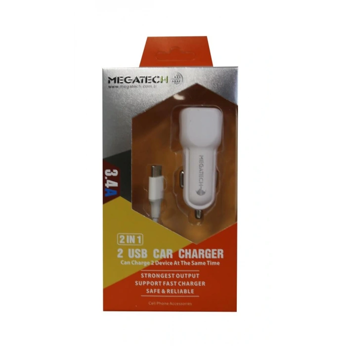 Megatech T05 2usb 3.4a Beyaz Araç Çakmaklık Şarj Cihazı