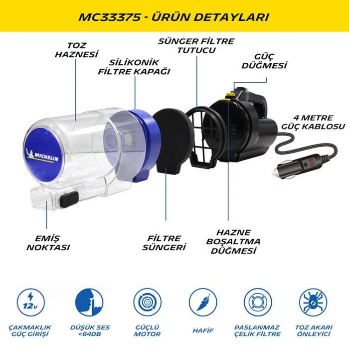 Michelin MC33375 12VOLT/150WATT Araç Süpürgesi + 4 Parça Aksesuar Seti
