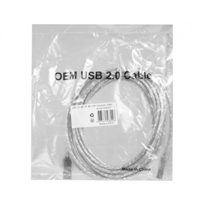 OEM USB250, Şeffaf, USB Yazıcı Kablosu, 5 Metre