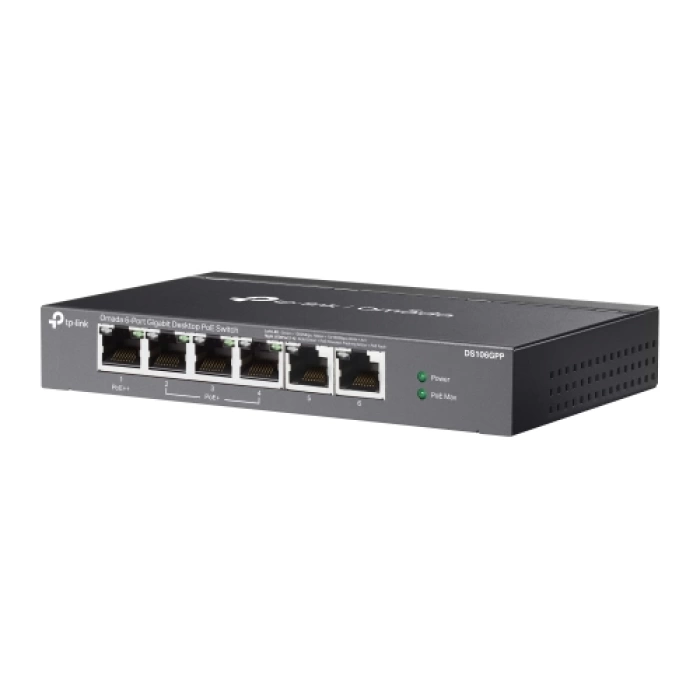 OMADA DS106GPP, 6 Port Gigabit, 3 Port Gigabit PoE+, 64W, 1 Port Gigabit PoE++, Yönetilemez, Metal Kasa Masaüstü Sessiz Switch