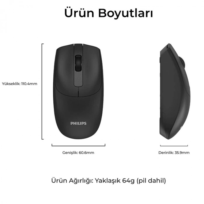 Philips SPK7398 Kablosuz 1600DPI 3 Tuşlu Optik Sessiz Mouse Siyah