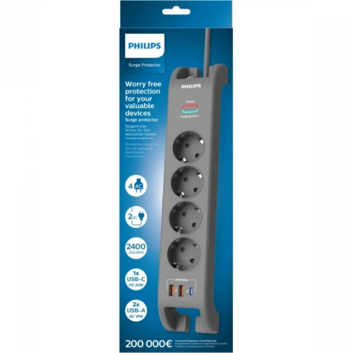 Phılıps Spn4140ga/62, 4 Soket, Akım Korumalı Priz, 2400 Joules, 2mt Kablo, 1xusb-c Pd 20w Hızlı Şarj, 2xusb-a Qc 18w, (gri)
