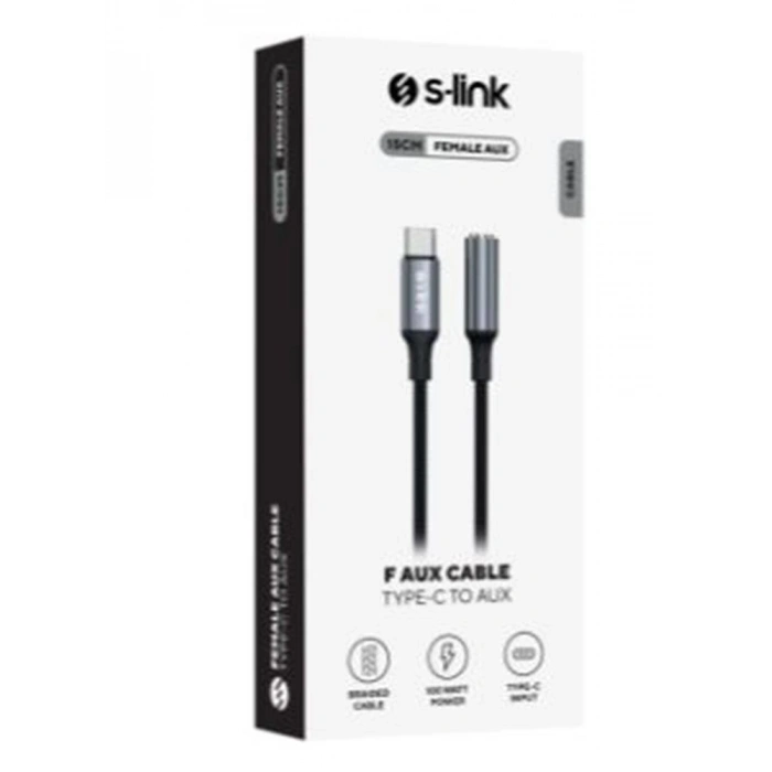S-link Armor Fc-01 15cm Type-c To F Aux Örgülü Metal Başlıklı Siyah Ses Kablosu