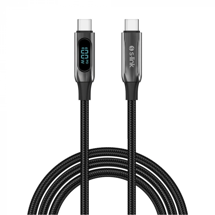 S-link Armor Led Lcc-0100 100w 1m Type-c To Type-c Pd Örgülü Led Başlıklı Siyah Hızlı Şarj Kablosu