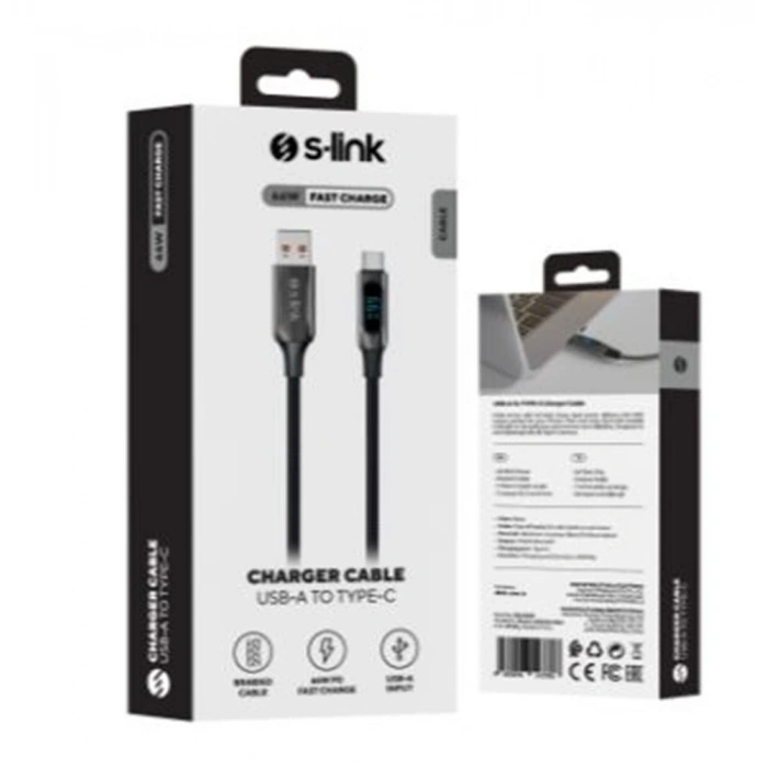 S-link Armor Led Uc-066 66w 1m Usb To Type-c Pd Örgülü Led Başlıklı Siyah Hızlı Şarj Kablosu