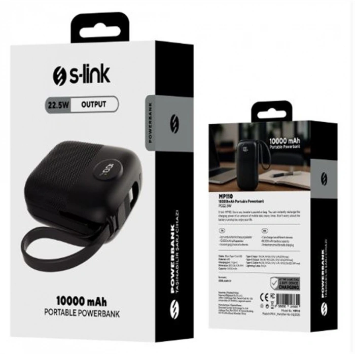S-link Mp110 10000mah Pd22.5w Type-c+lightning Kablolu Siyah  Pil Şarj Cihazı Powerbank