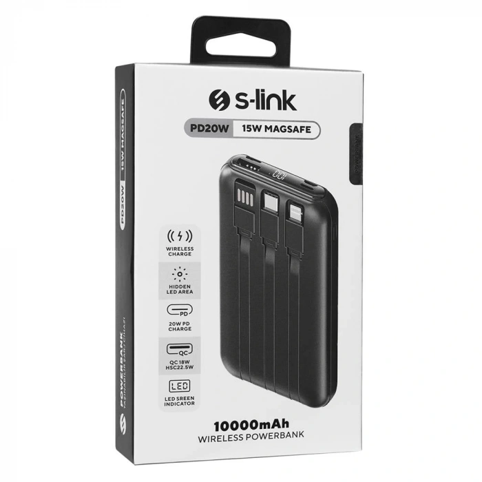 S-link P135 10000mah 15w Magsafe Dahili Kablo Siyah Gizli Led Taşınabilir Pil Şarj Cihazı Power